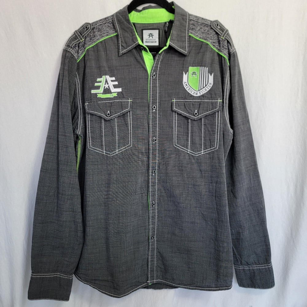 American Fighter Mens XL Button Shirt Neon Green Gray Embroidered MMA Affliction